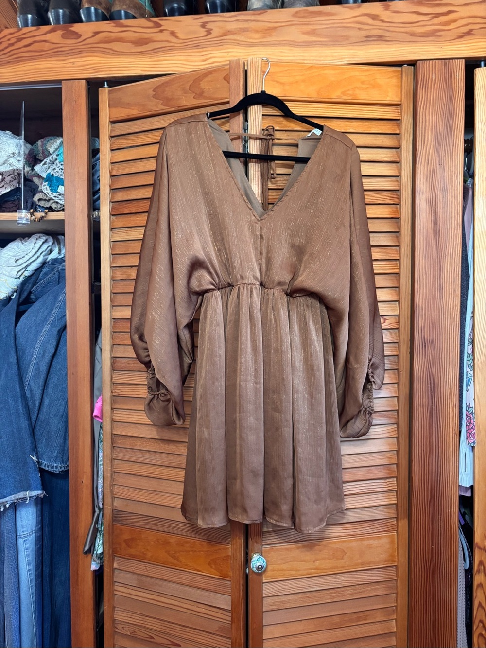 JODIFL Rust Brown Shimmer V-Neck Mini Dress